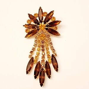 Weiss Fall Color Amber & Gold Rhinestone Statement Brooch, Dangles, Atomic Age